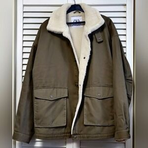 Zara Men Olive Green Jacket with Faux Shearling - XL